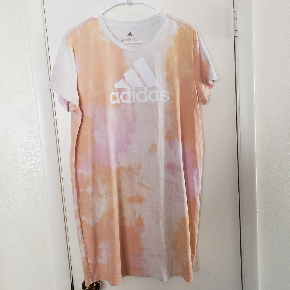 Adidas Originals Hazy Orange & Pink Tie Dye Trefoil Logo Mini Dress Size L